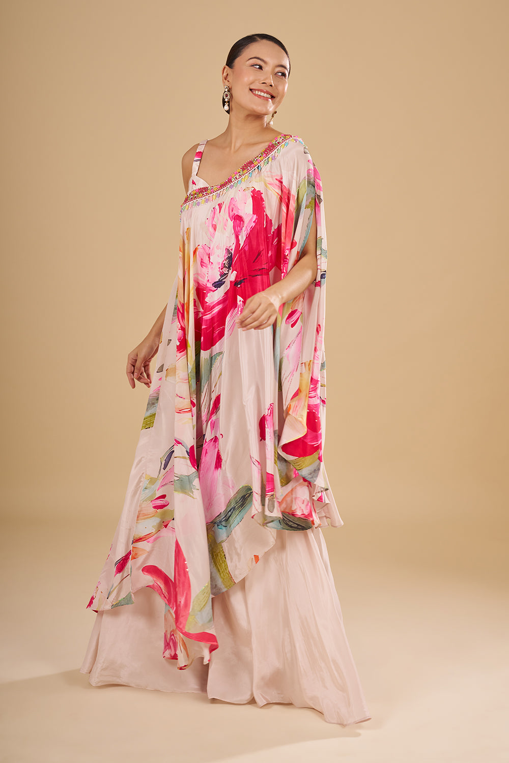 Cream Multicolour Floral Printed Pure Crepe Cape Set with Sequins and Cut Dana Work