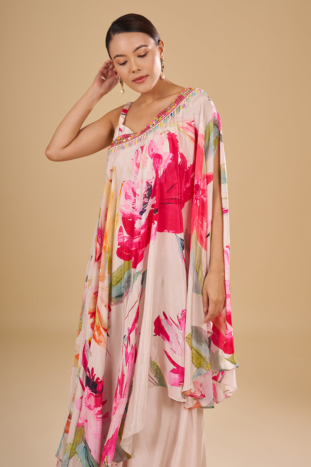 Cream Multicolour Floral Printed Pure Crepe Cape Set with Sequins and Cut Dana Work
