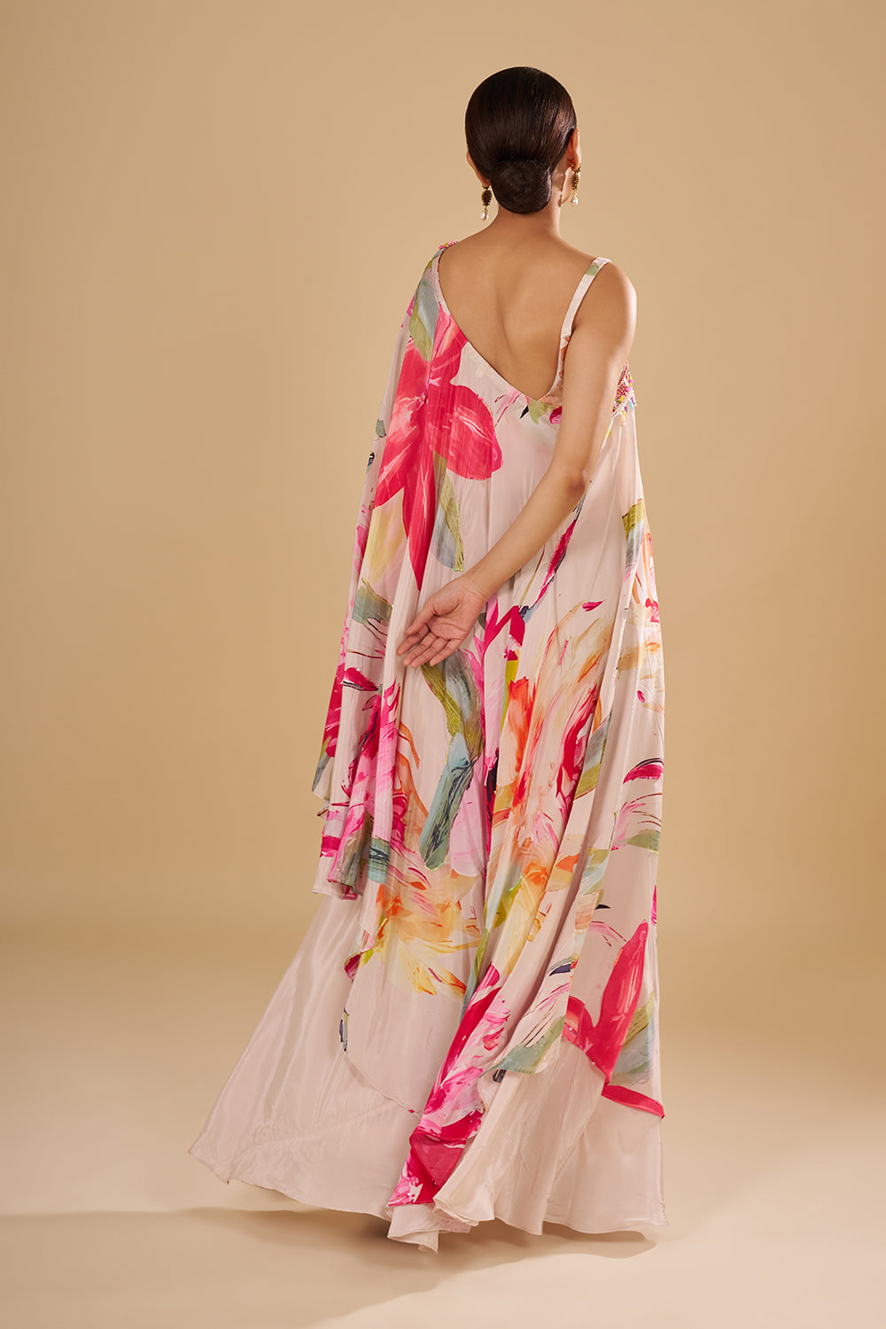 Cream Multicolour Floral Printed Pure Crepe Cape Set with Sequins and Cut Dana Work