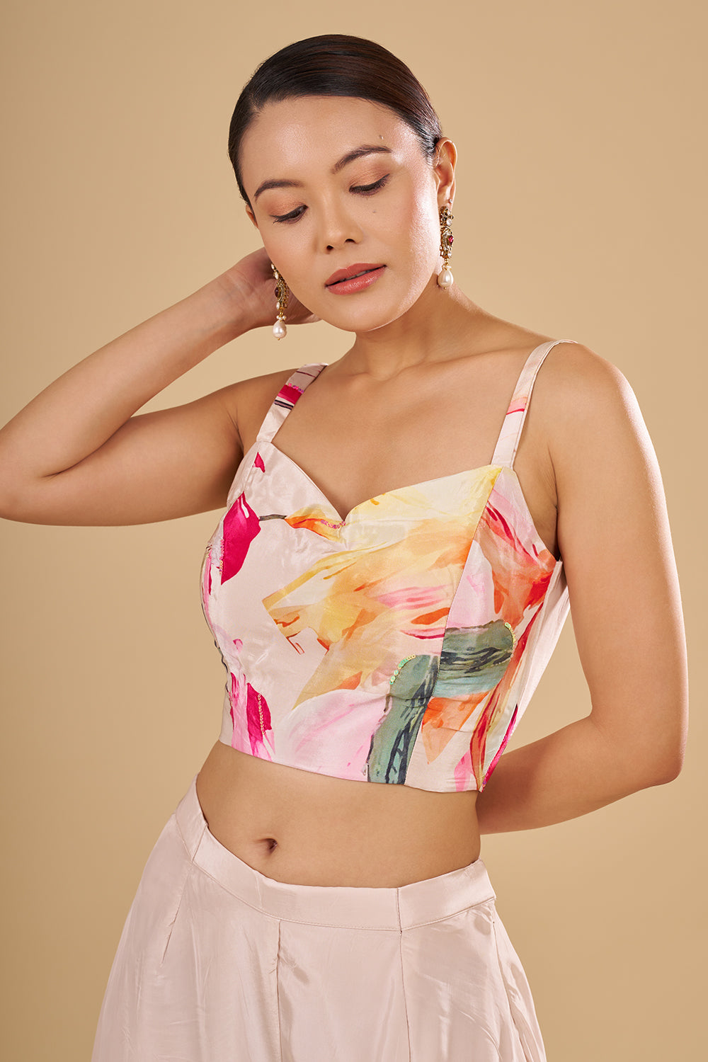 Cream Multicolour Floral Printed Pure Crepe Cape Set with Sequins and Cut Dana Work