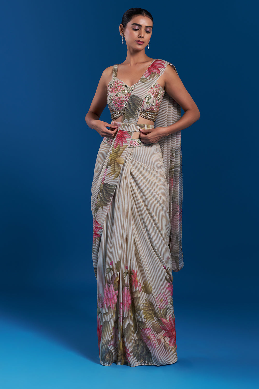Cream Pre-Draped Saree Set with Cutdana Work
