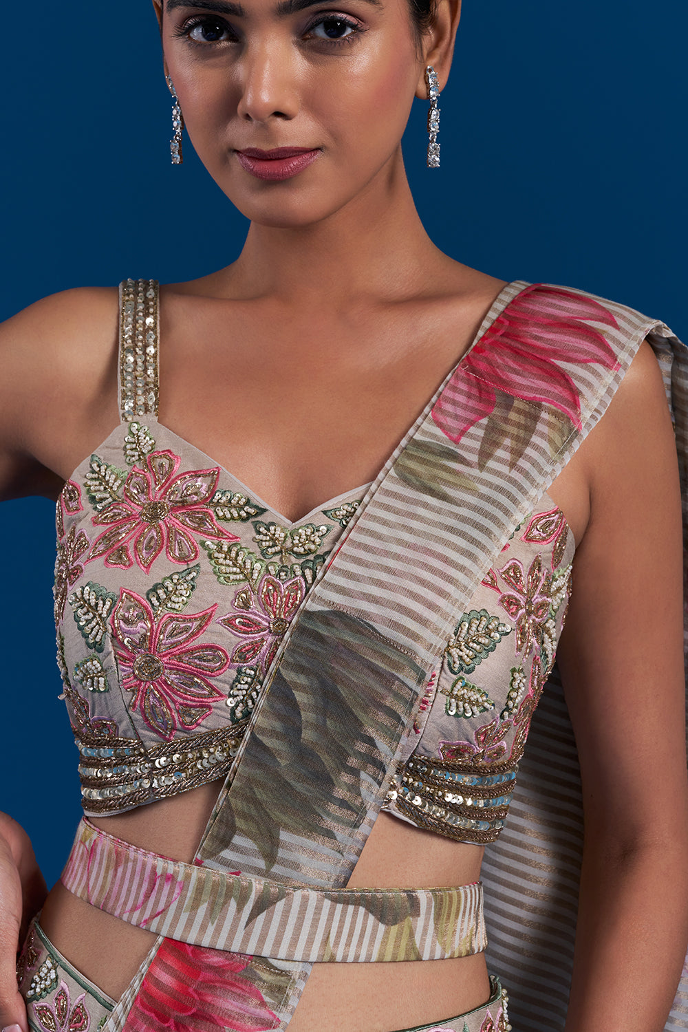 Cream Pre-Draped Saree Set with Cutdana Work