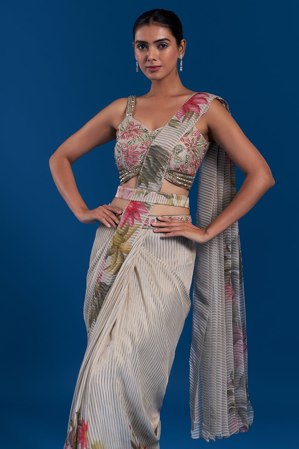 Cream Pre-Draped Saree Set with Cutdana Work