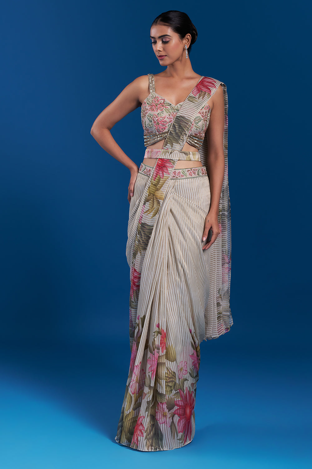 Cream Pre-Draped Saree Set with Cutdana Work