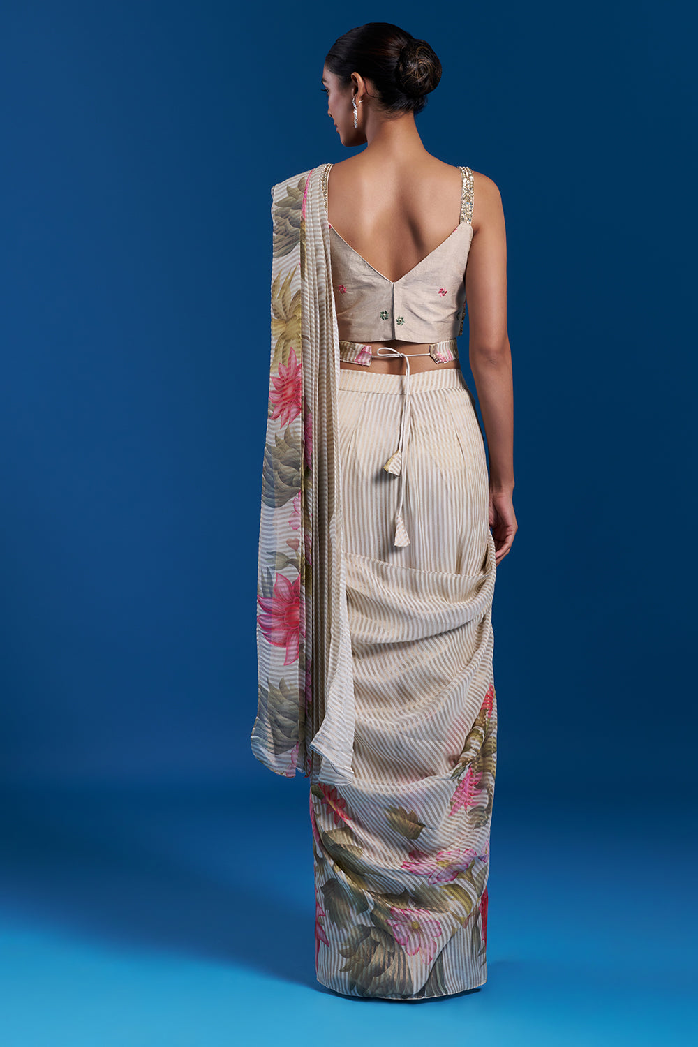 Cream Pre-Draped Saree Set with Cutdana Work