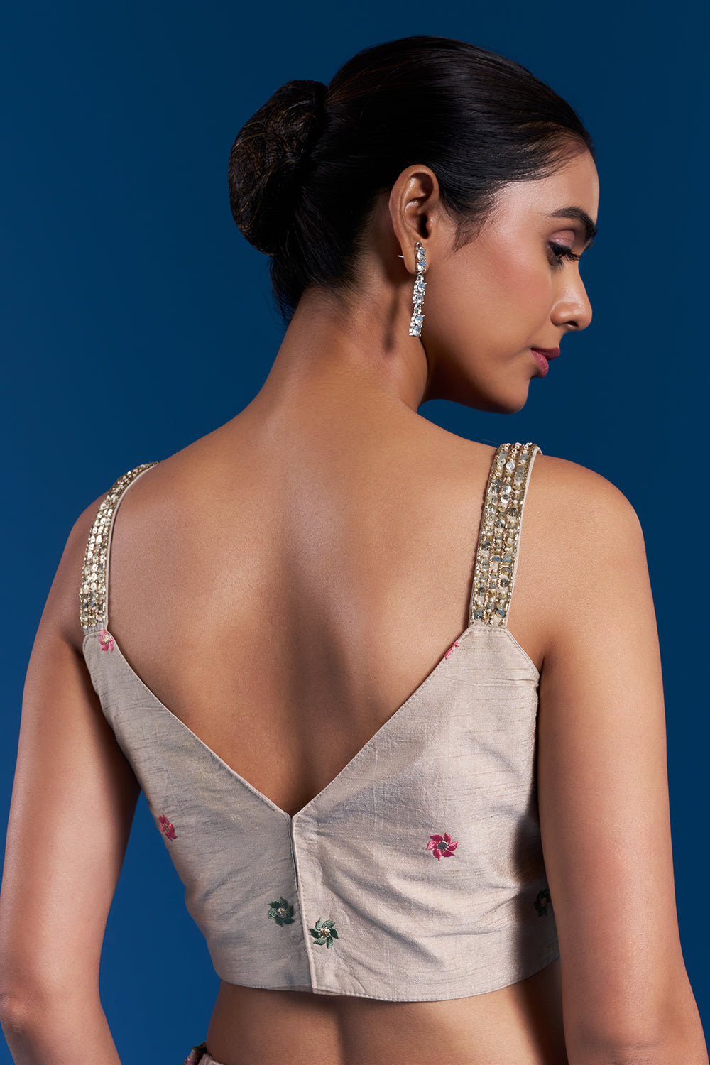 Cream Pre-Draped Saree Set with Cutdana Work