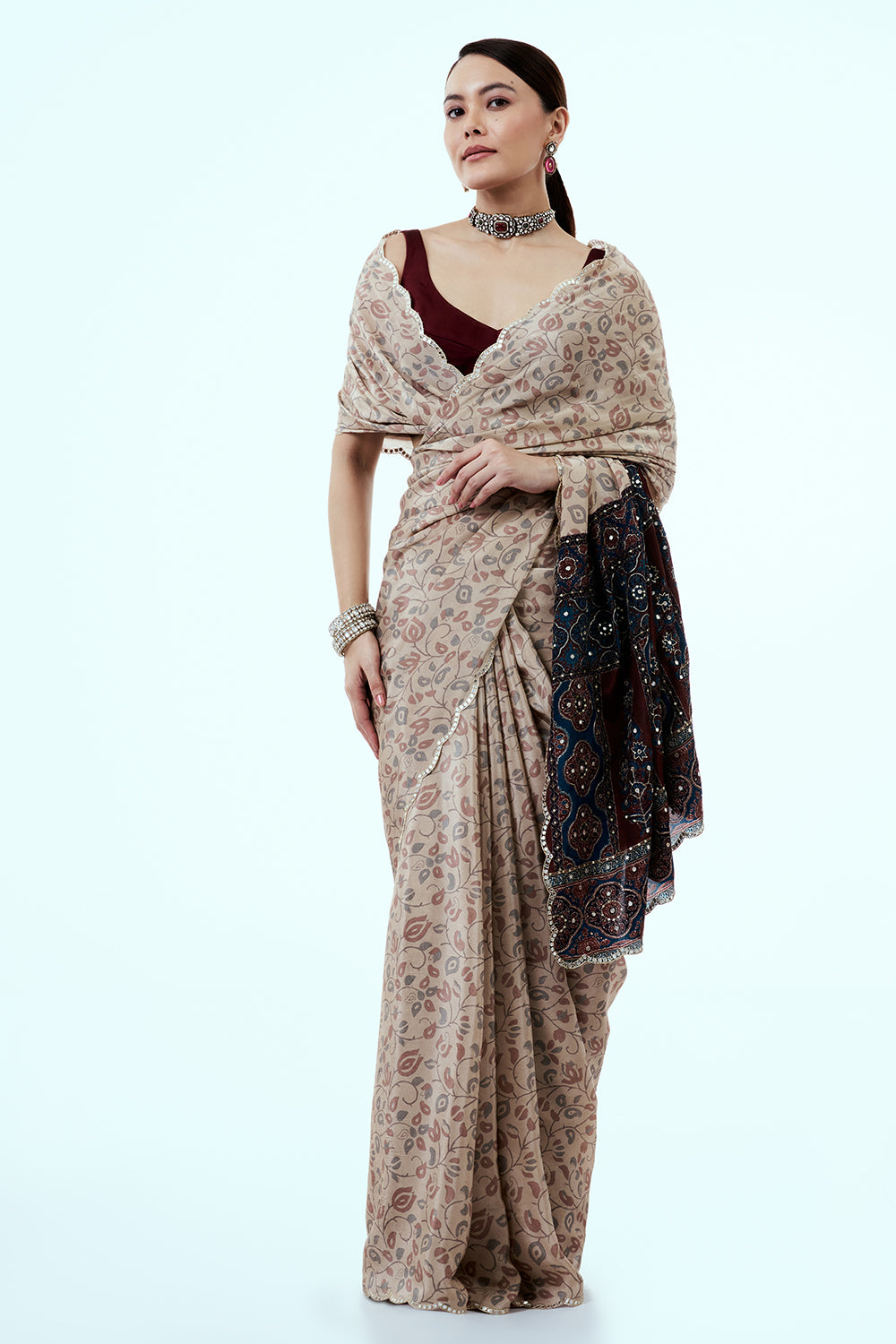 Cream Pure Crepe Saree with Floral Print and Mirror Work