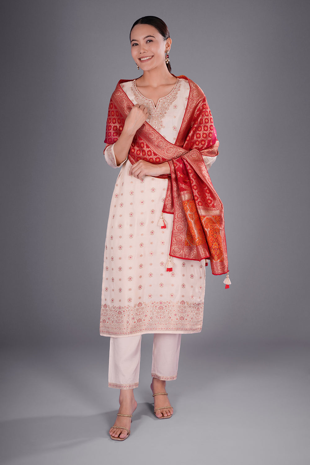 Cream Pure Silk Banarasi Kurta Set with Zari Buti Embroidery