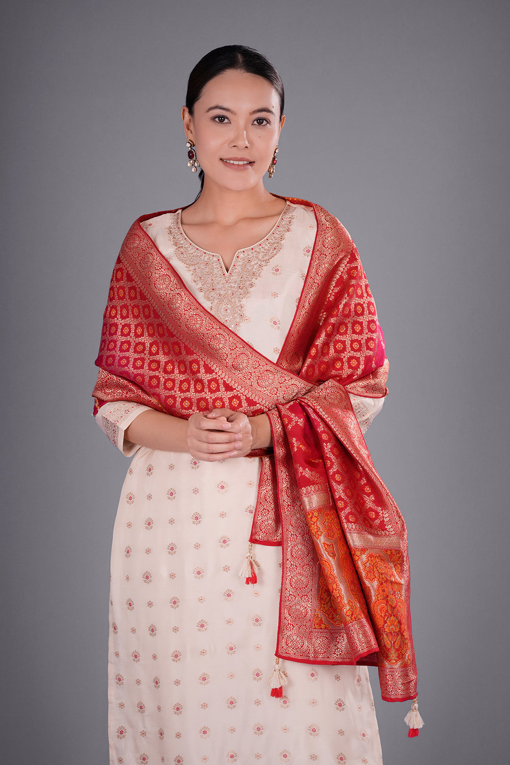 Cream Pure Silk Banarasi Kurta Set with Zari Buti Embroidery
