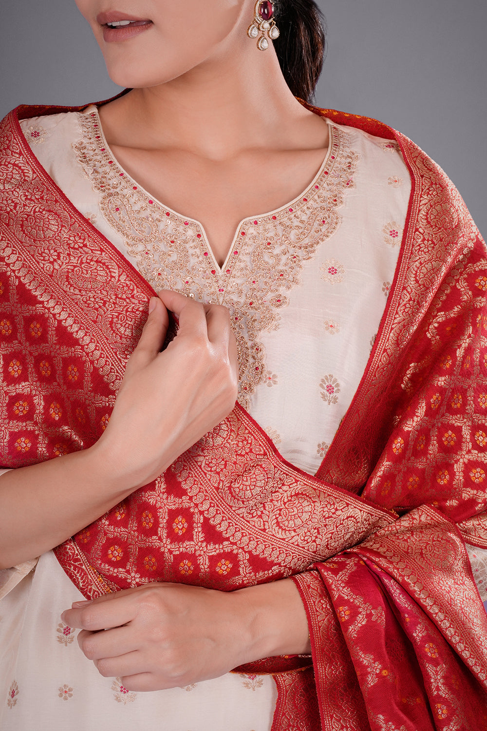 Cream Pure Silk Banarasi Kurta Set with Zari Buti Embroidery