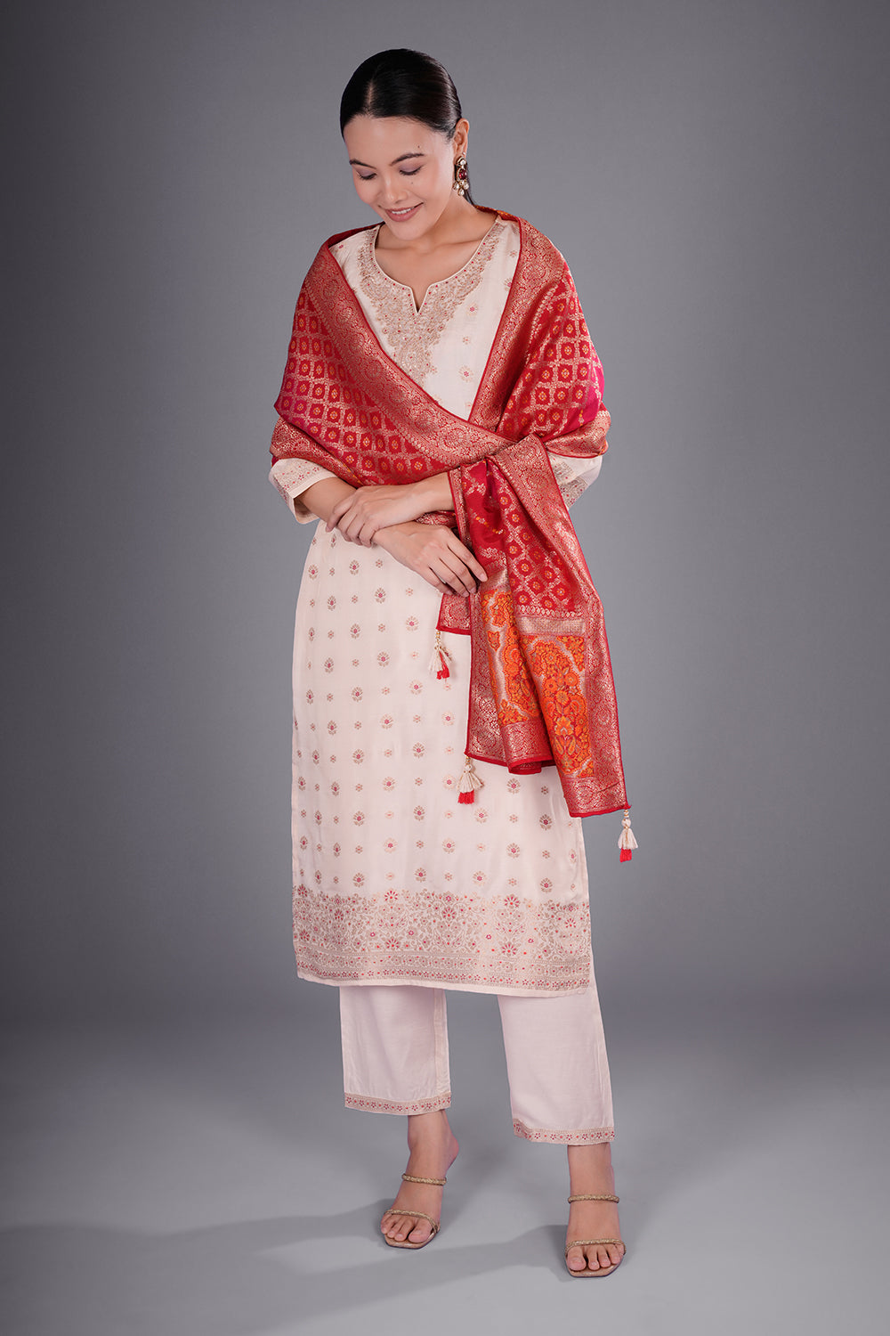 Cream Pure Silk Banarasi Kurta Set with Zari Buti Embroidery
