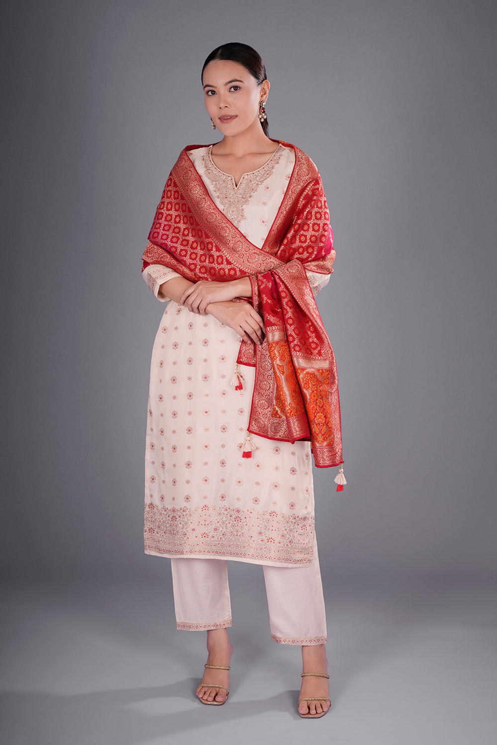 Cream Pure Silk Banarasi Kurta Set with Zari Buti Embroidery
