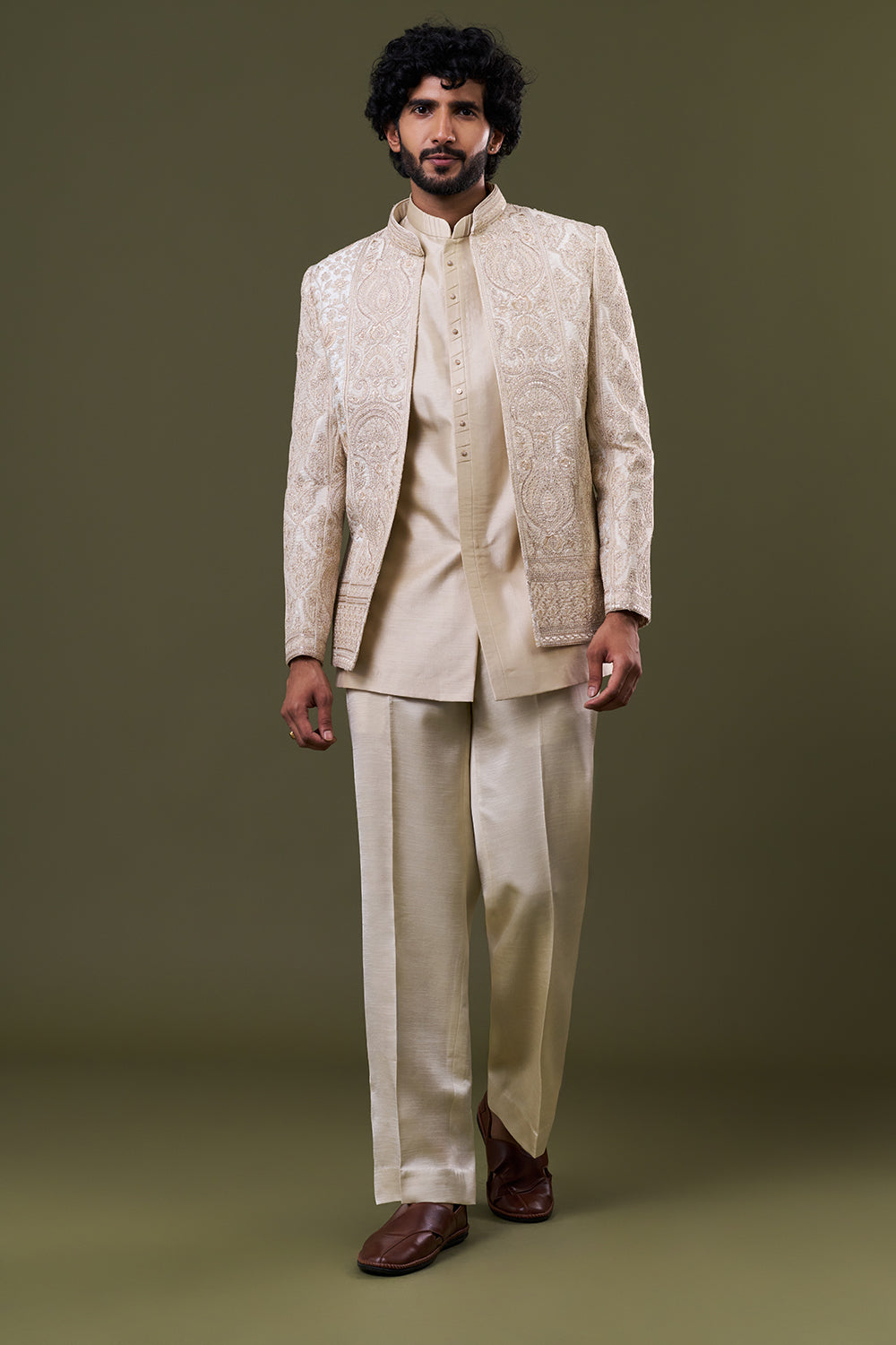 Cream Satin Polyester Paisley Embellished Jacket Set