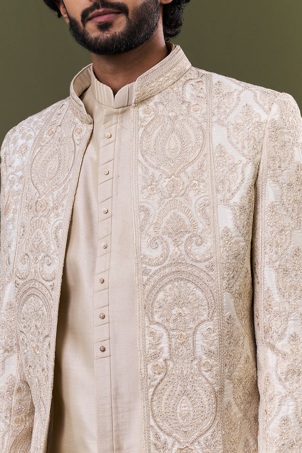 Cream Satin Polyester Paisley Embellished Jacket Set