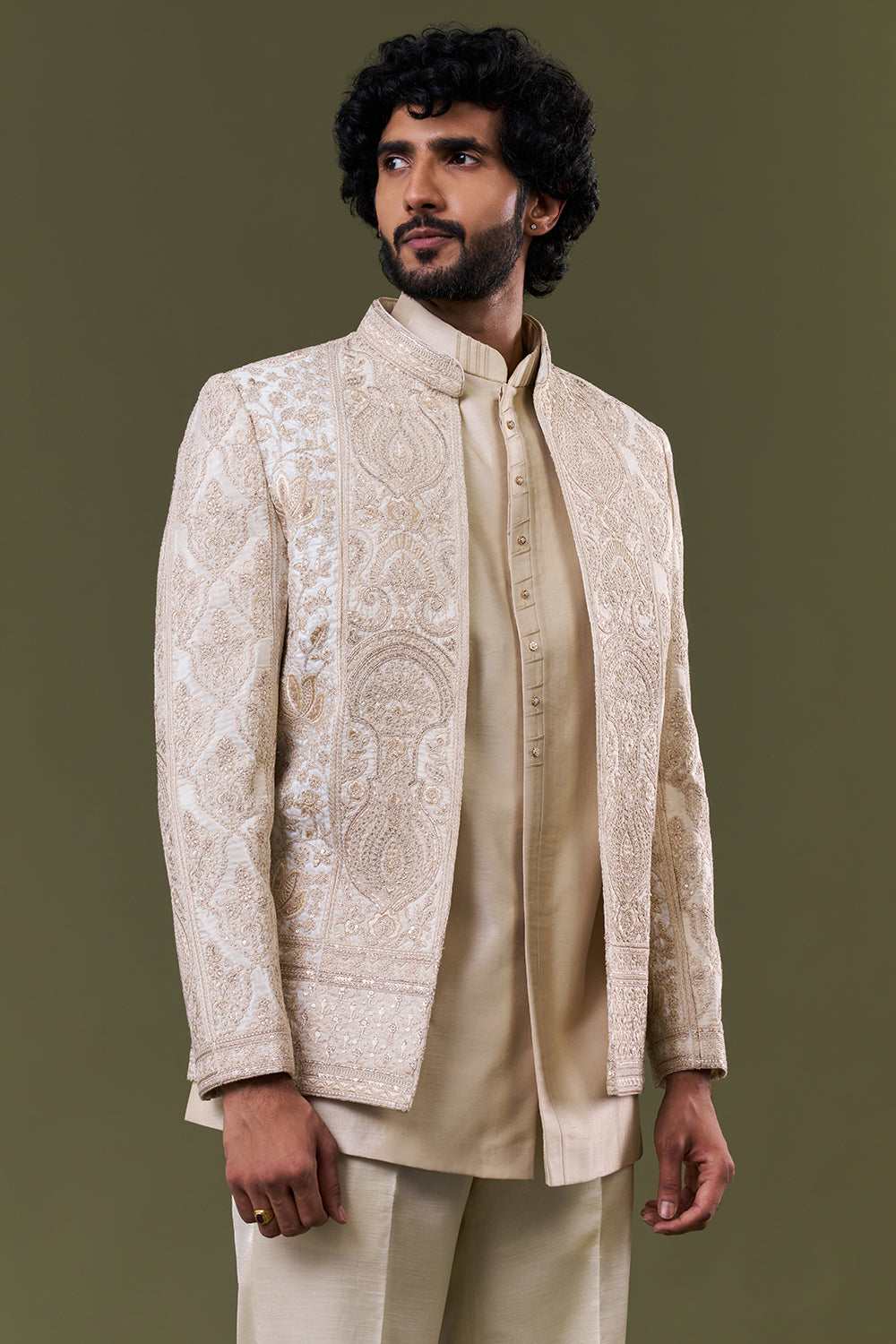 Cream Satin Polyester Paisley Embellished Jacket Set