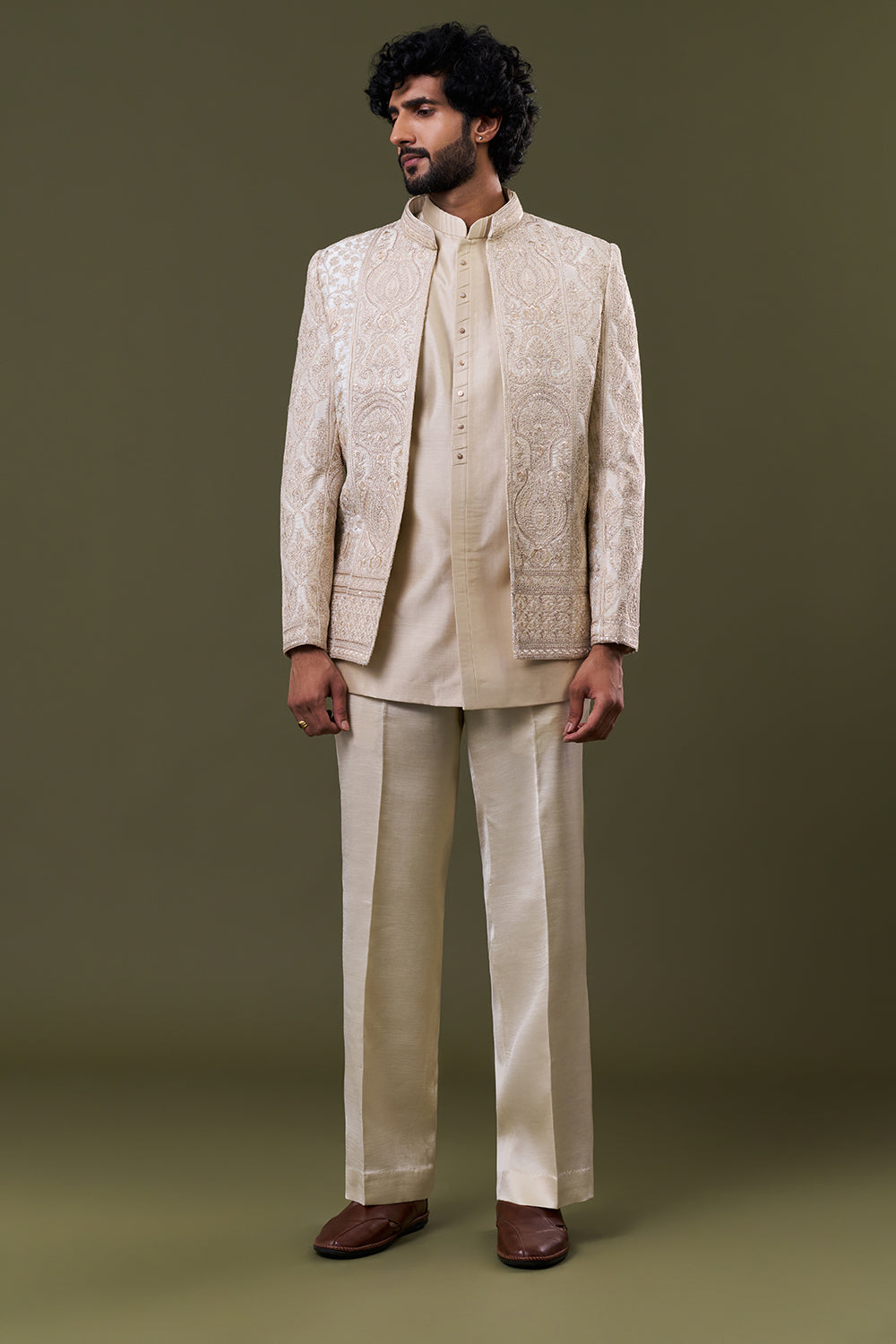 Cream Satin Polyester Paisley Embellished Jacket Set