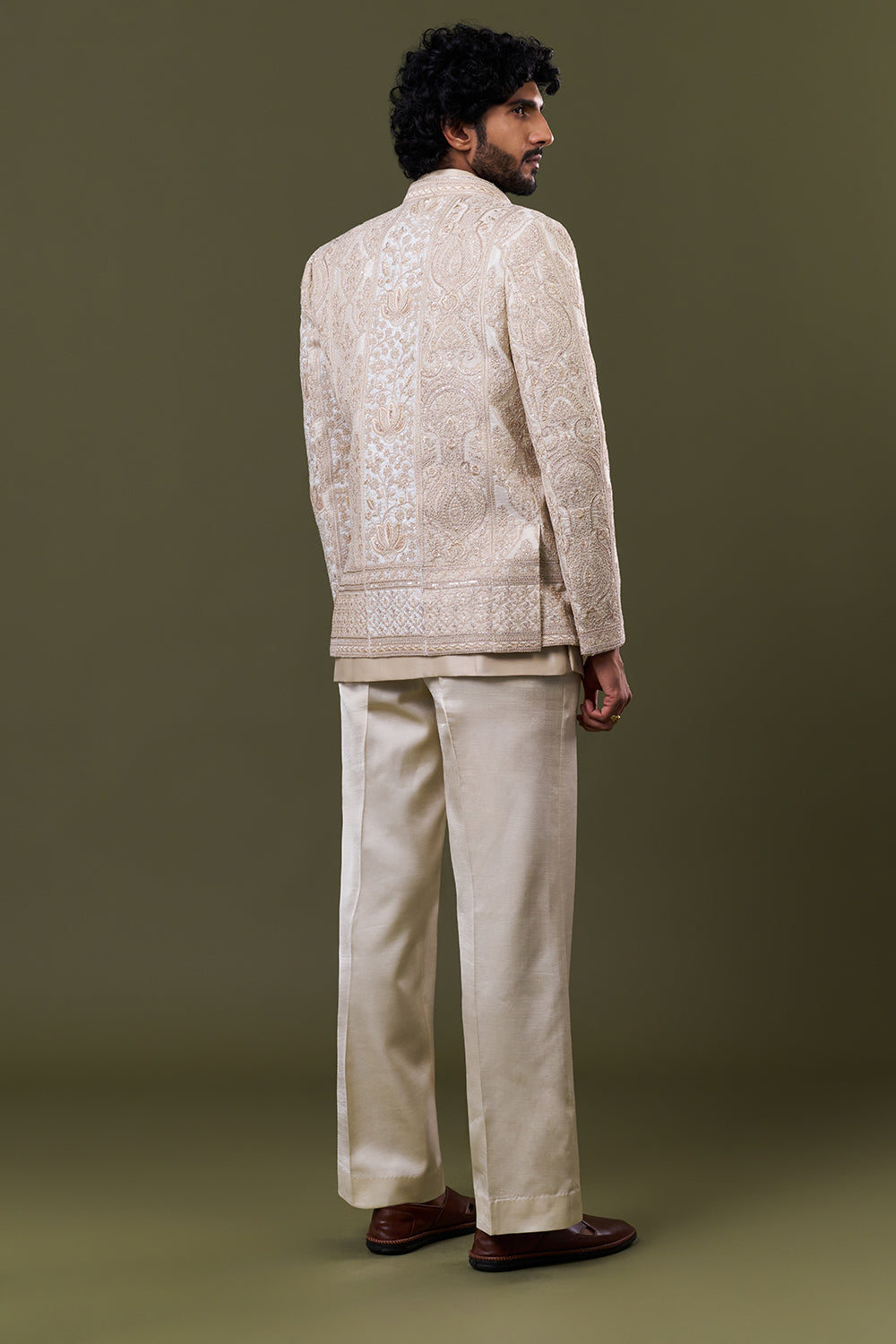 Cream Satin Polyester Paisley Embellished Jacket Set