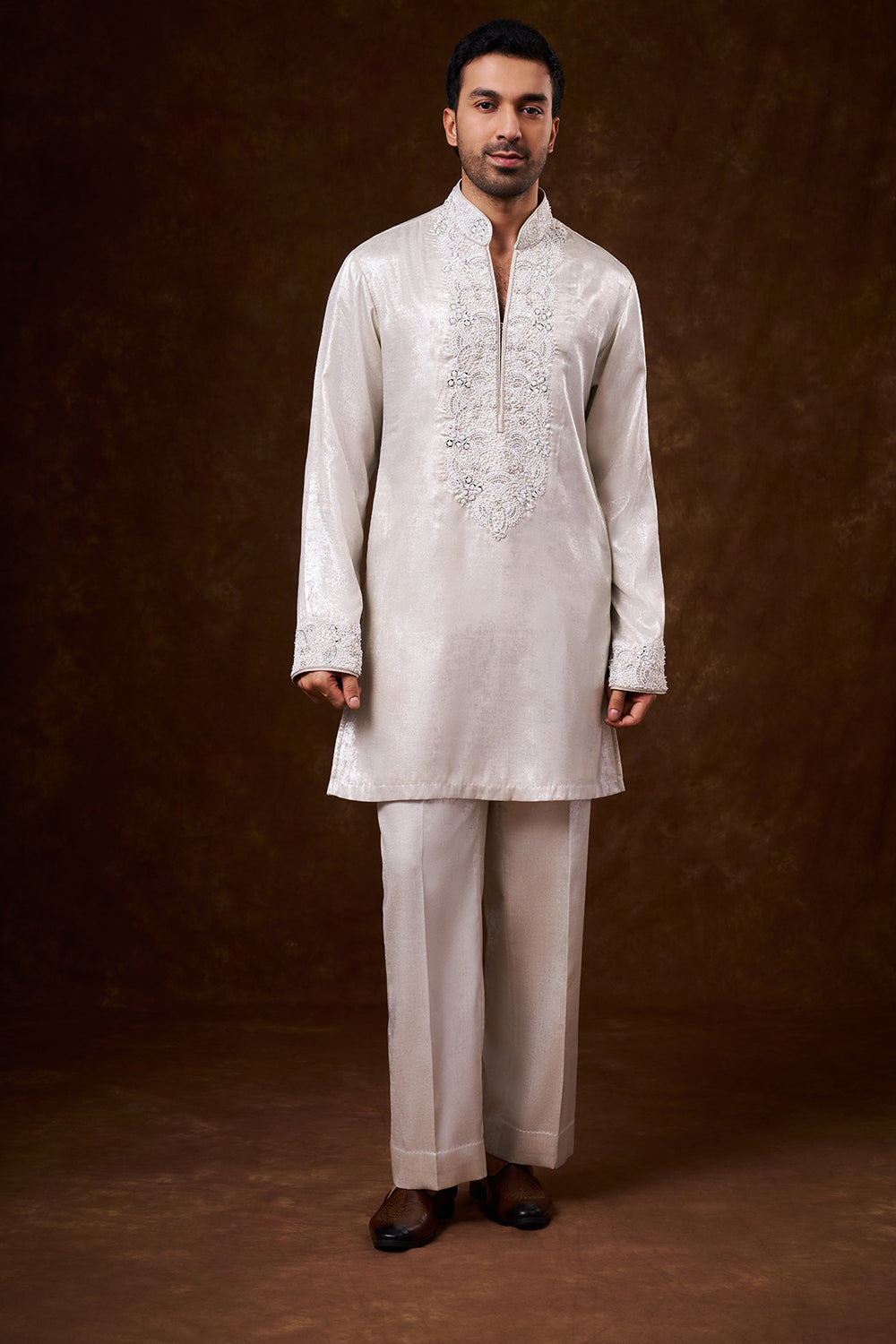 Cream Shimmer Georgette Men's Kurta Set with Resham Work