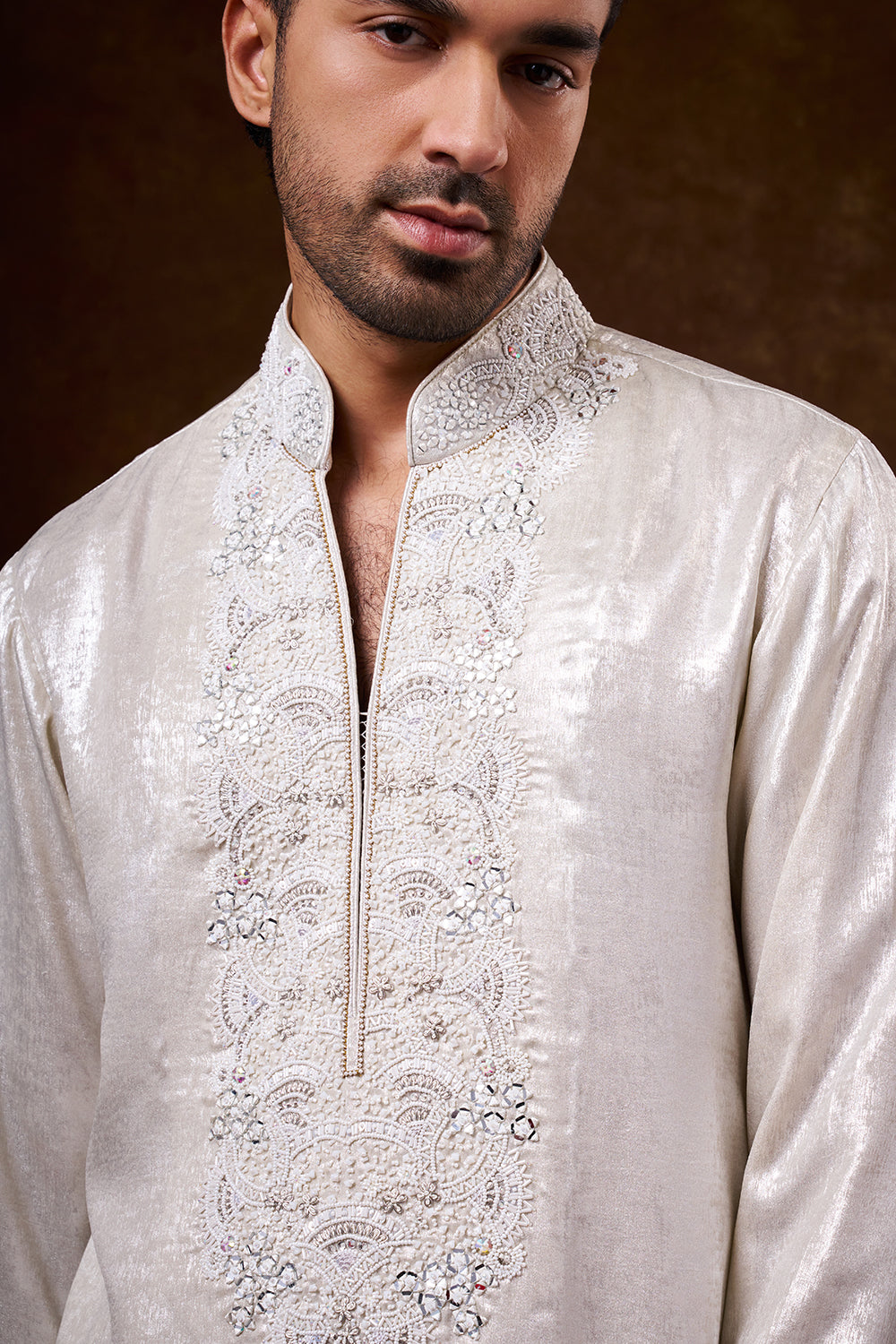 Cream Shimmer Georgette Men's Kurta Set with Resham Work