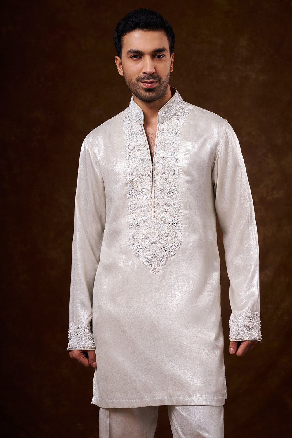 Cream Shimmer Georgette Men's Kurta Set with Resham Work