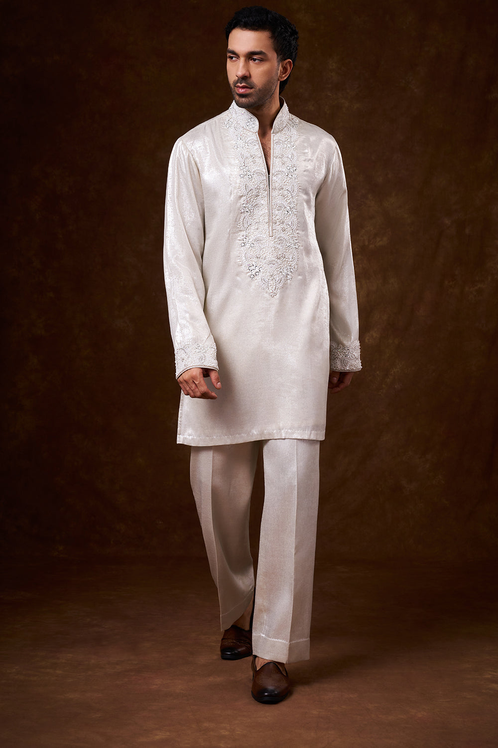 Cream Shimmer Georgette Men's Kurta Set with Resham Work