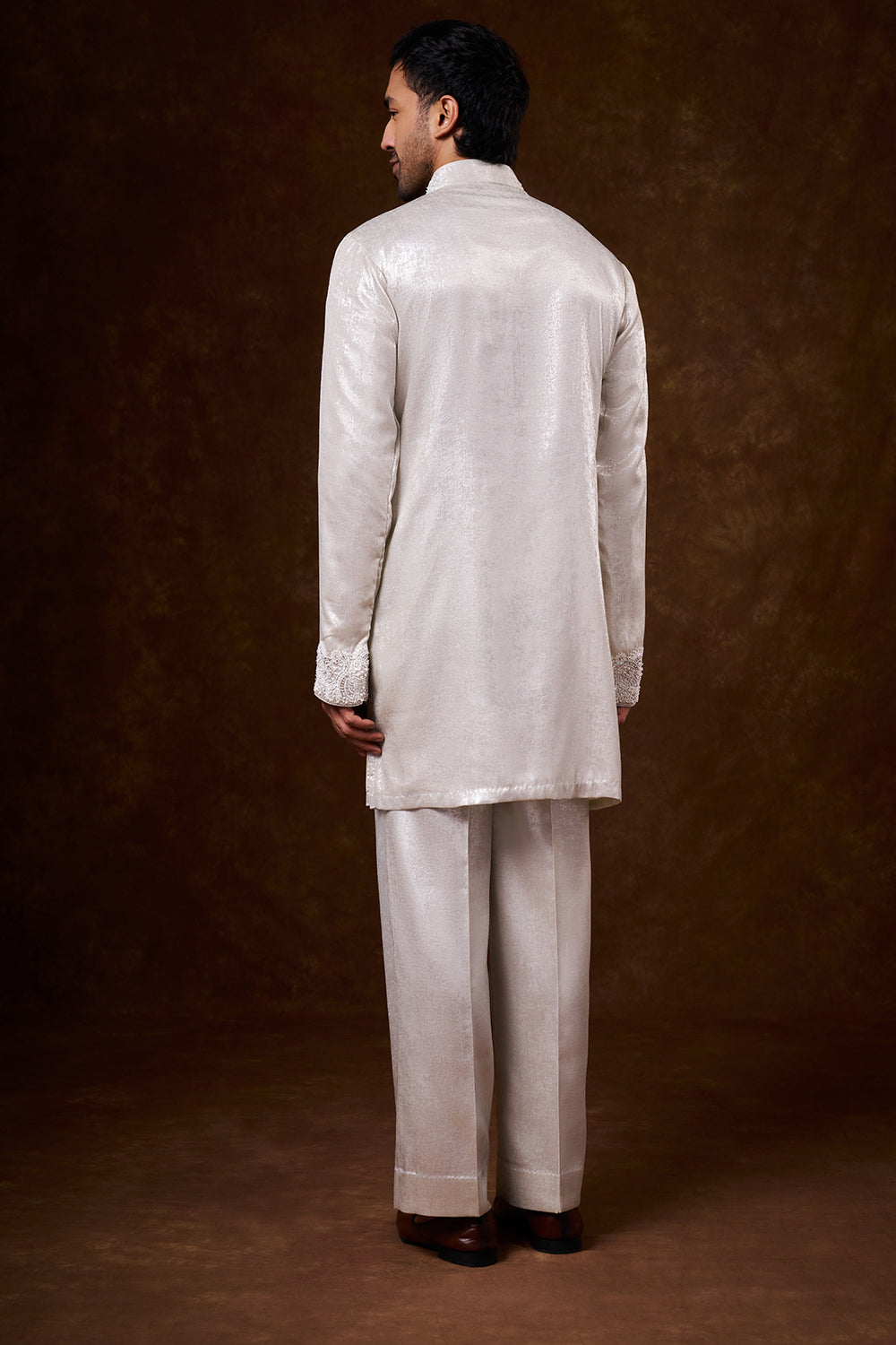 Cream Shimmer Georgette Men's Kurta Set with Resham Work