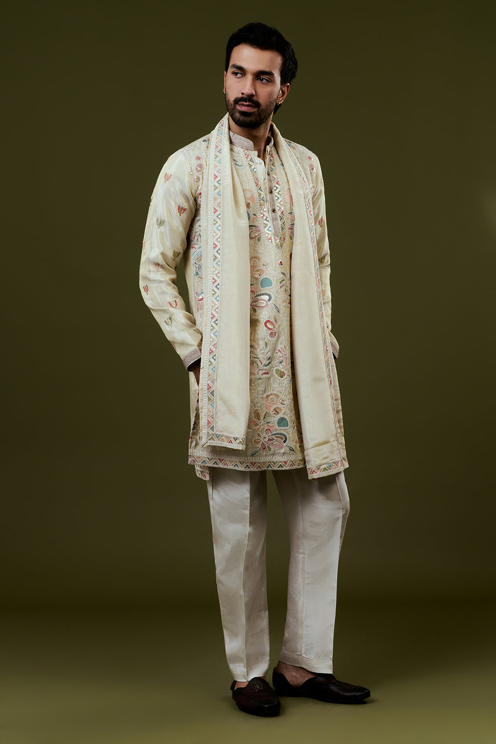 Cream Shimmer Tissue Kurta Set with Heavy Multicoloured Floral Embroidery