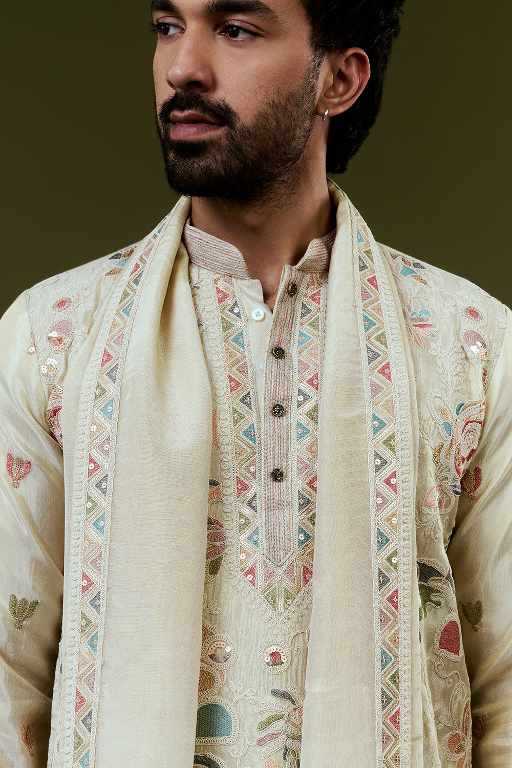 Cream Shimmer Tissue Kurta Set with Heavy Multicoloured Floral Embroidery