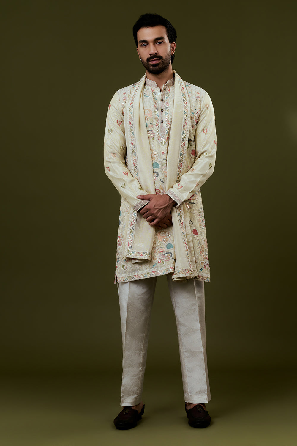 Cream Shimmer Tissue Kurta Set with Heavy Multicoloured Floral Embroidery