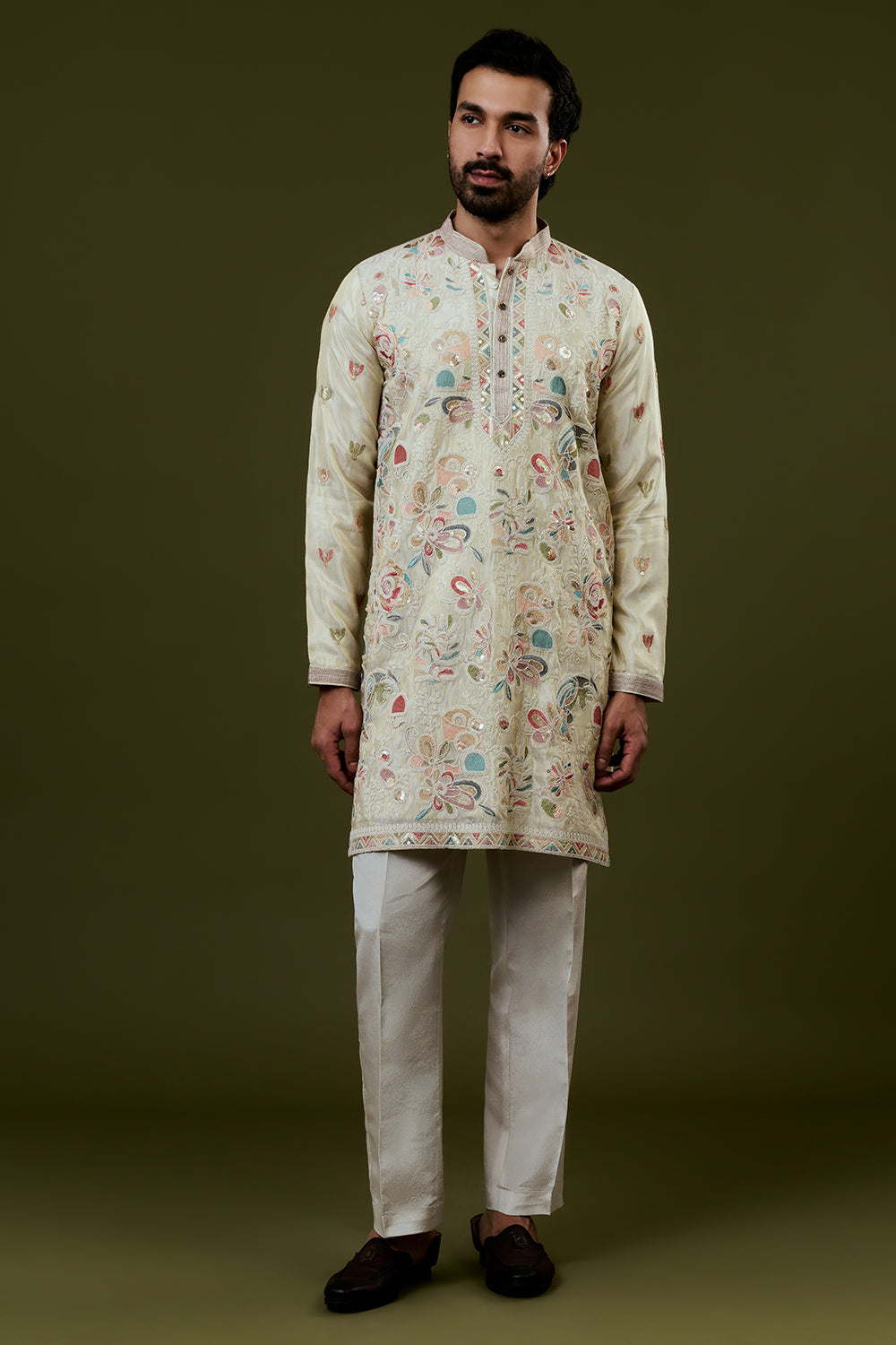 Cream Shimmer Tissue Kurta Set with Heavy Multicoloured Floral Embroidery