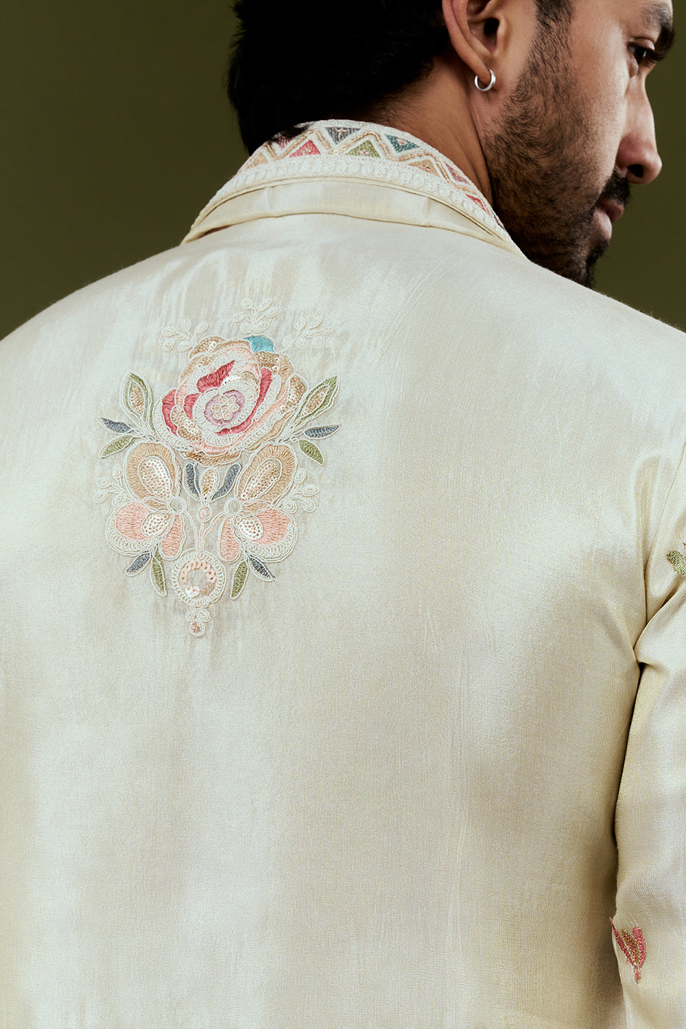 Cream Shimmer Tissue Kurta Set with Heavy Multicoloured Floral Embroidery