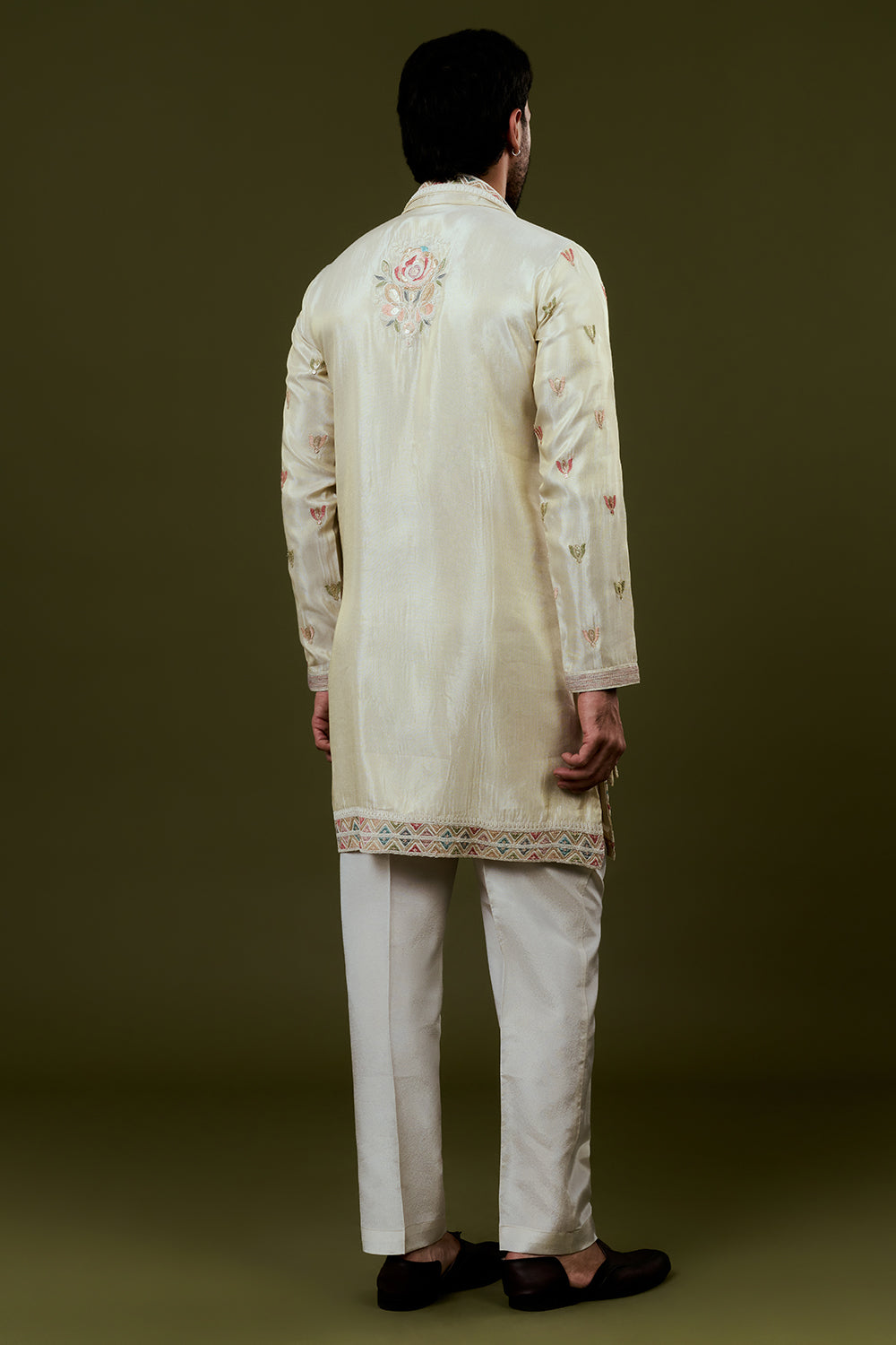 Cream Shimmer Tissue Kurta Set with Heavy Multicoloured Floral Embroidery