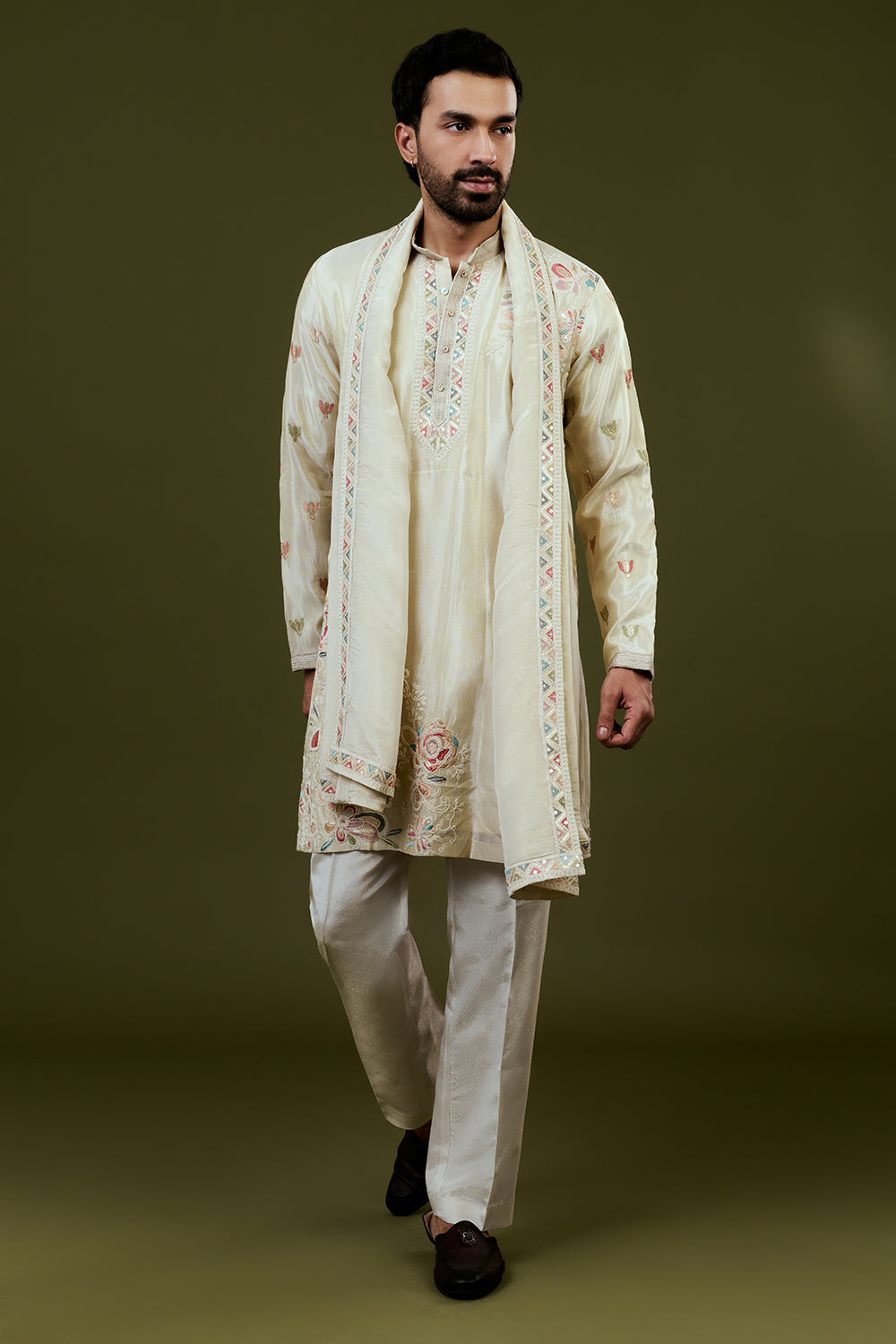 Cream Shimmer Tissue Kurta Set with Minimalist Multicoloured Embroidery