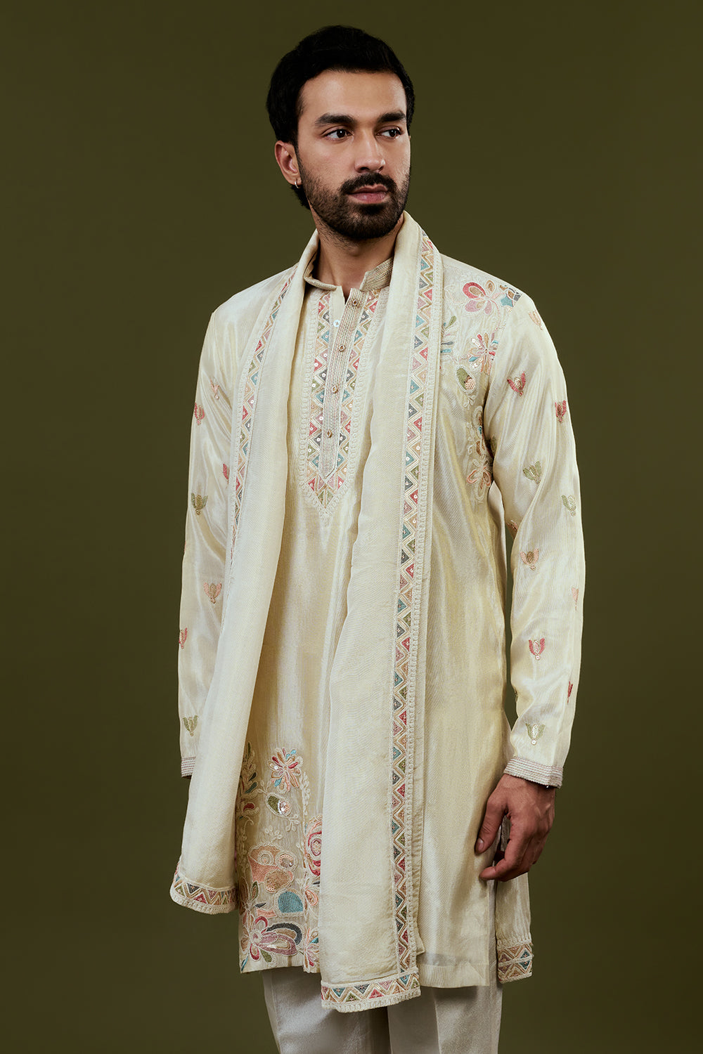 Cream Shimmer Tissue Kurta Set with Minimalist Multicoloured Embroidery