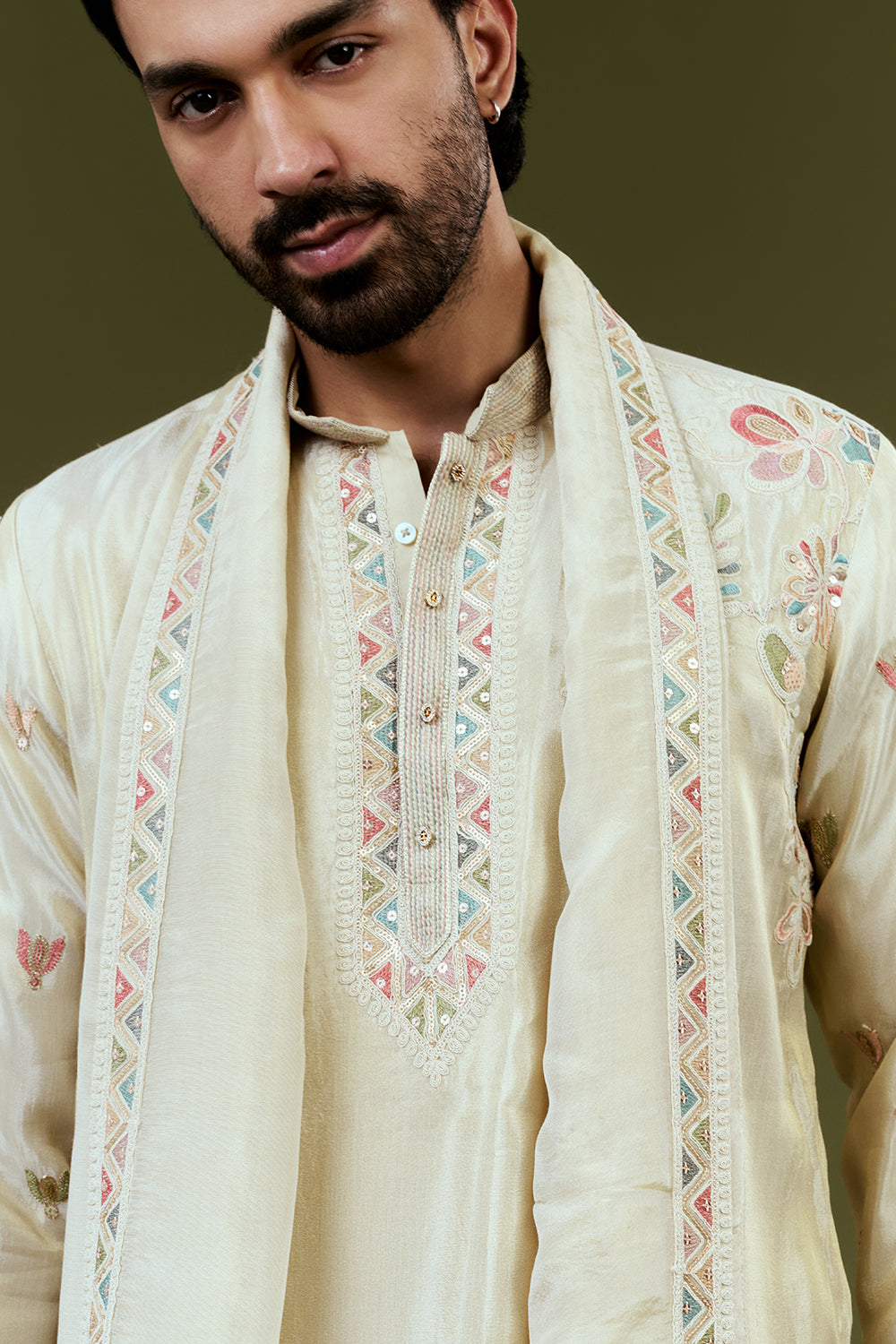 Cream Shimmer Tissue Kurta Set with Minimalist Multicoloured Embroidery