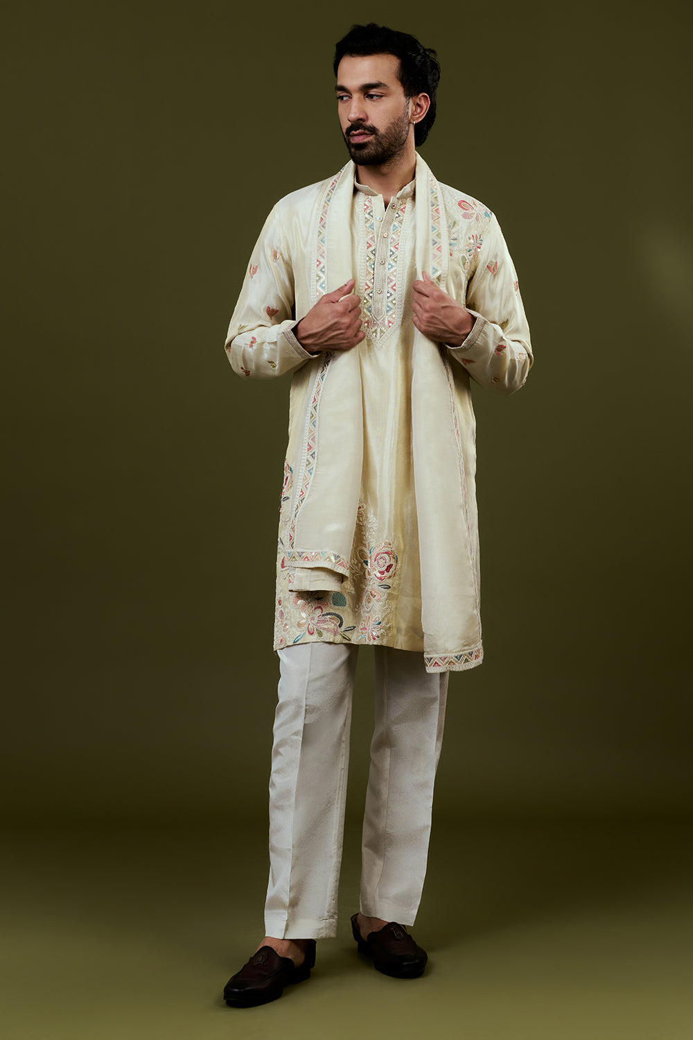 Cream Shimmer Tissue Kurta Set with Minimalist Multicoloured Embroidery
