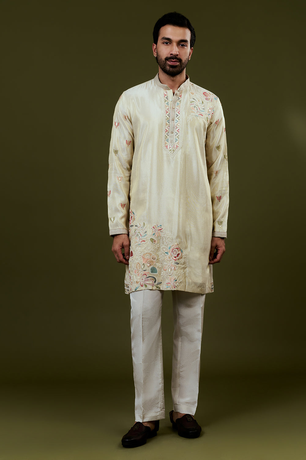 Cream Shimmer Tissue Kurta Set with Minimalist Multicoloured Embroidery