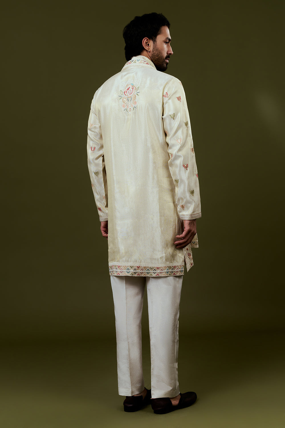 Cream Shimmer Tissue Kurta Set with Minimalist Multicoloured Embroidery