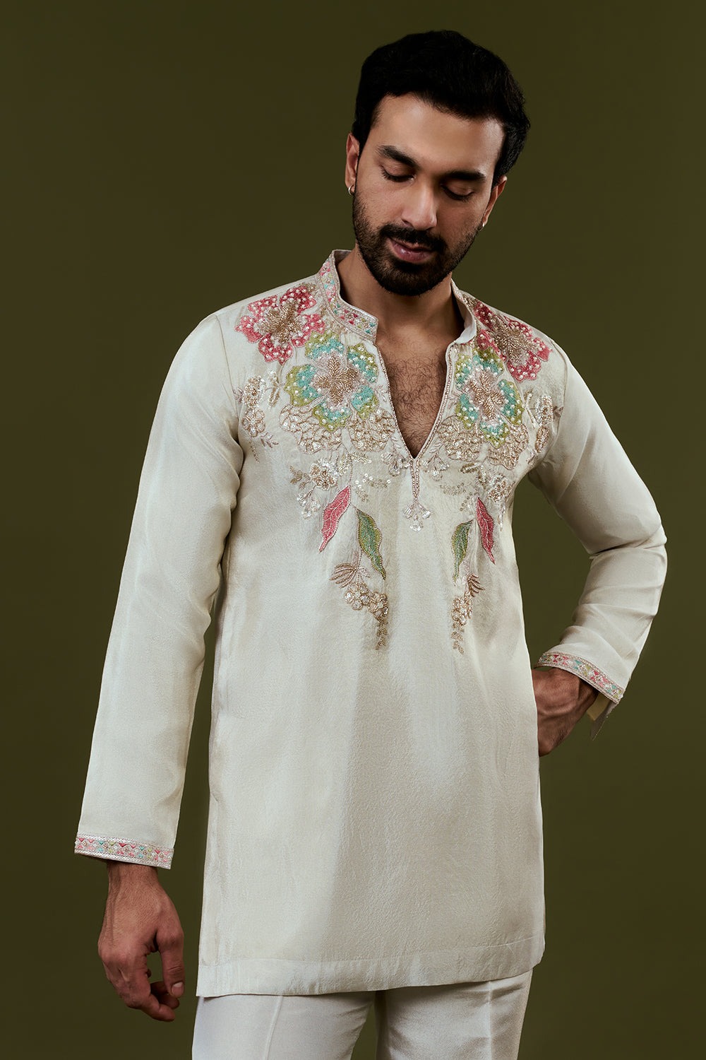 Cream Short Kurta with Floral Multicoloured Threadwork