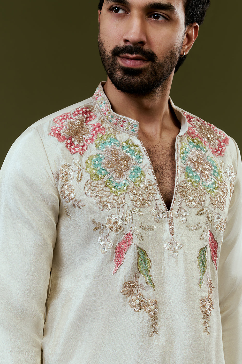 Cream Short Kurta with Floral Multicoloured Threadwork