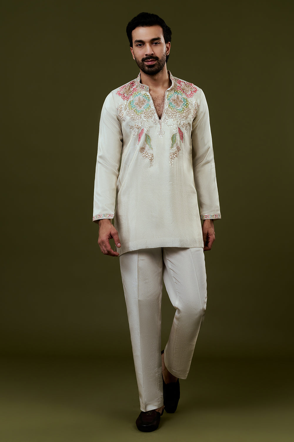 Cream Short Kurta with Floral Multicoloured Threadwork