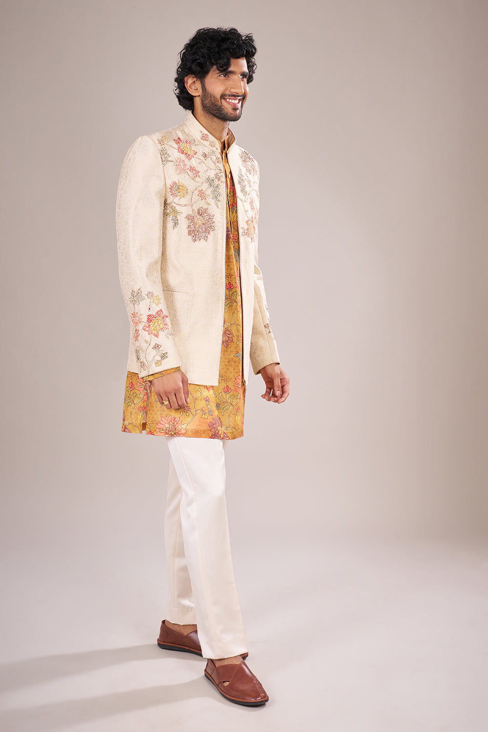 Cream Silk Men Jacket Set with Floral Applique Work