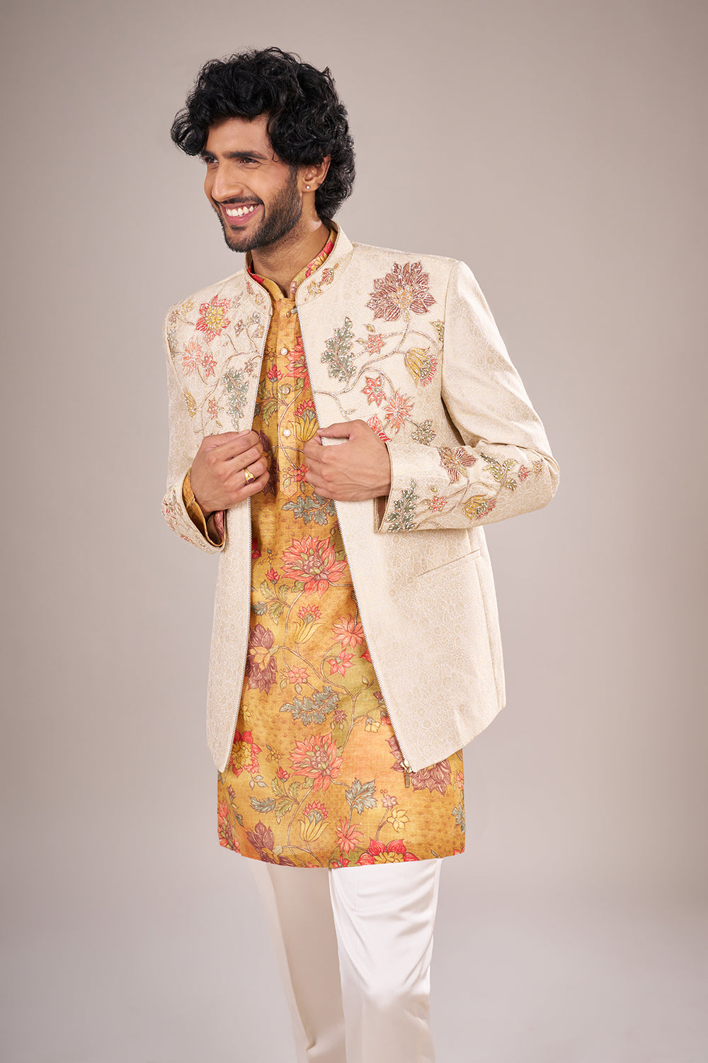 Cream Silk Men Jacket Set with Floral Applique Work