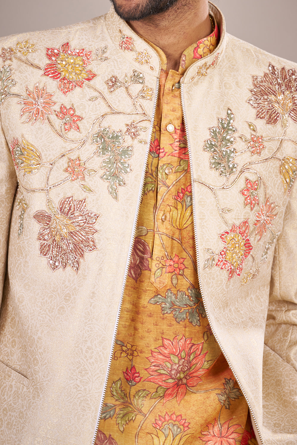 Cream Silk Men Jacket Set with Floral Applique Work