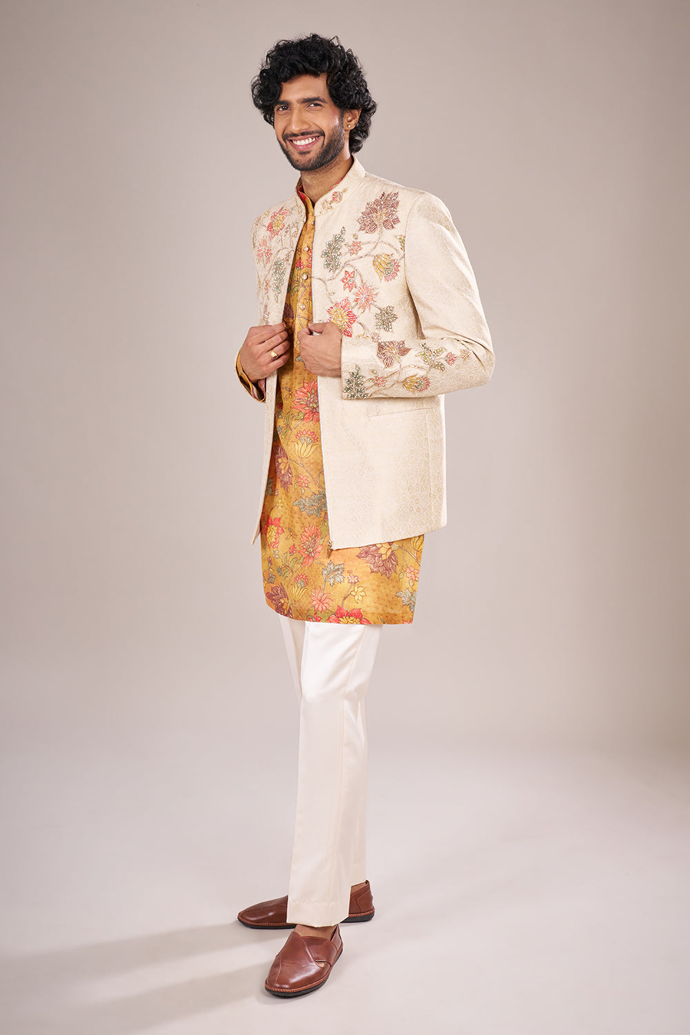 Cream Silk Men Jacket Set with Floral Applique Work