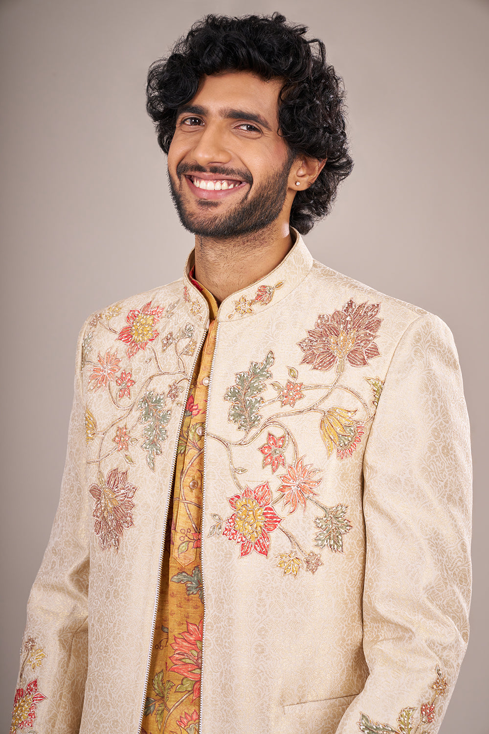 Cream Silk Men Jacket Set with Floral Applique Work