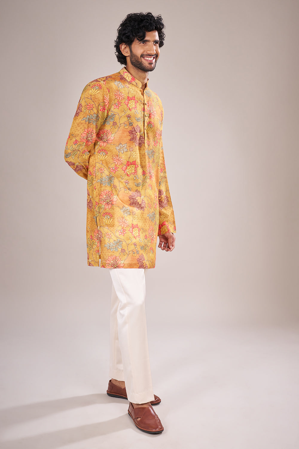 Cream Silk Men Jacket Set with Floral Applique Work