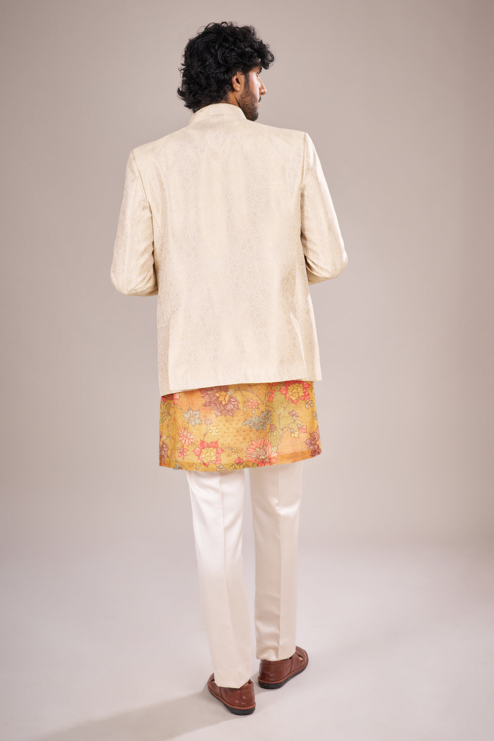 Cream Silk Men Jacket Set with Floral Applique Work