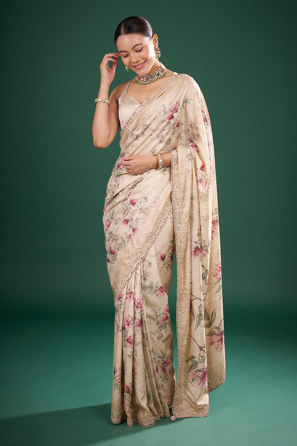 Cream Silk Saree with Floral Print and Unstitched Blouse