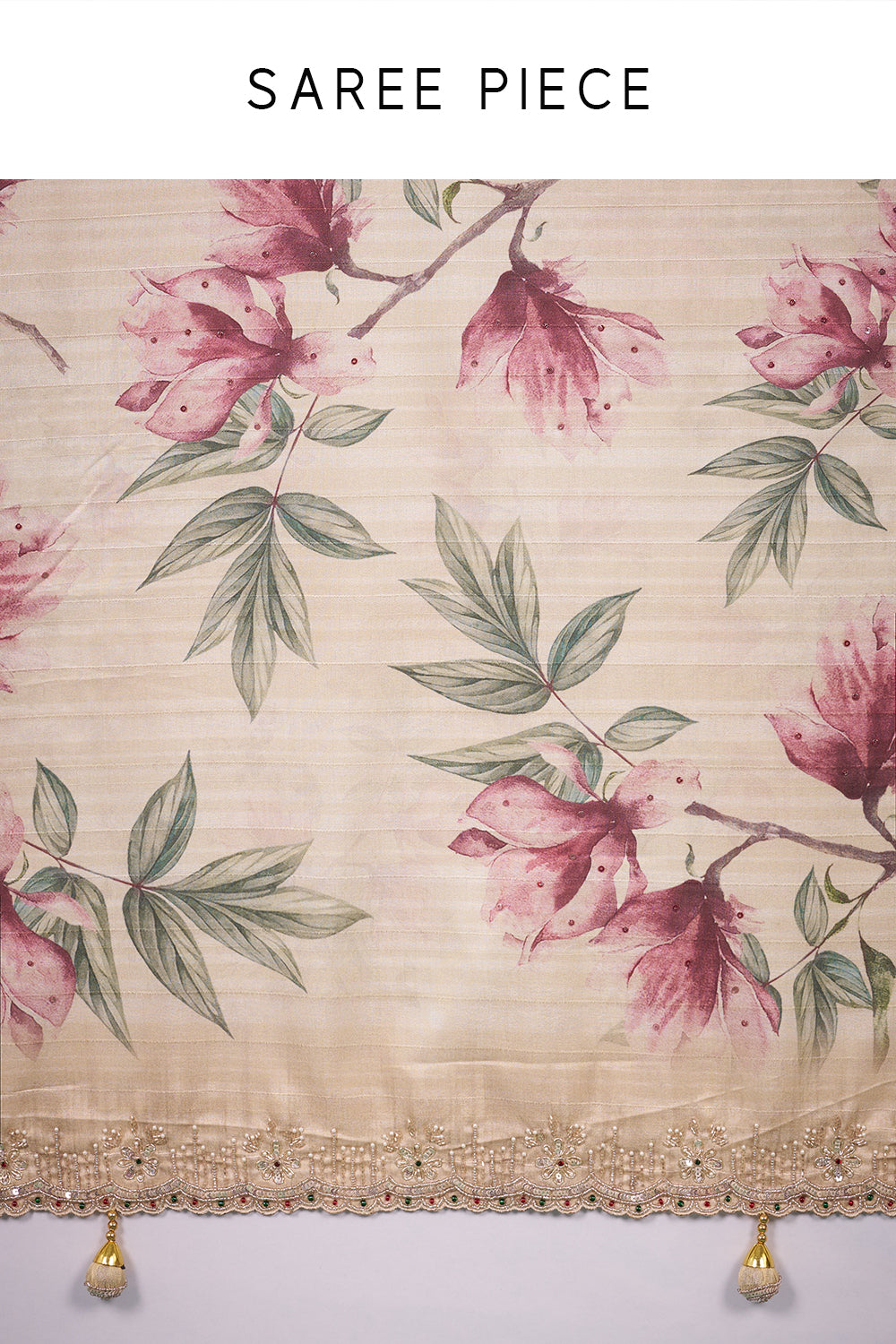 Cream Silk Saree with Floral Print and Unstitched Blouse